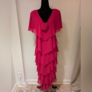 Vintage 1980s Ann Hobbs Cattiva Pink Ruffle Tiered Dress Flutter Sleeve Large
